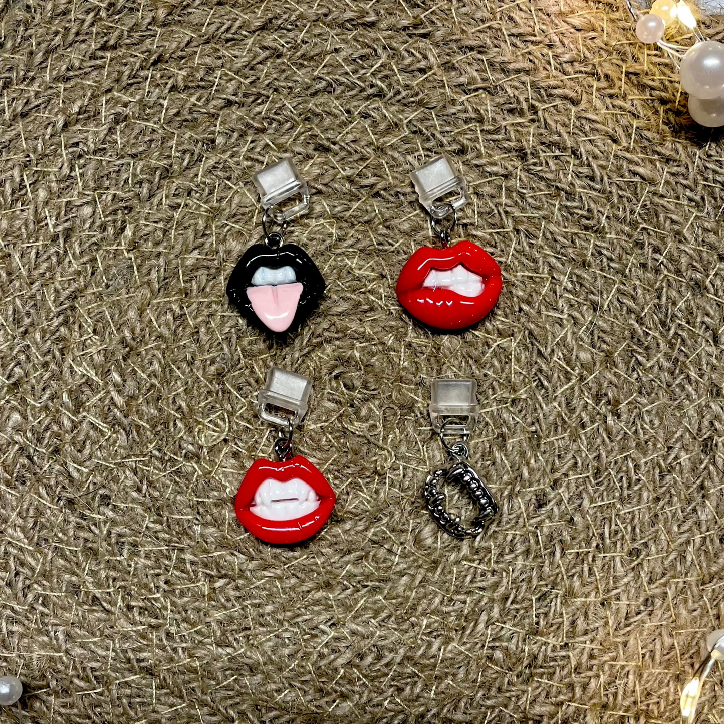 Black & Red Lips and Vampire Fangs Themed Anti-Dust Plug Charms