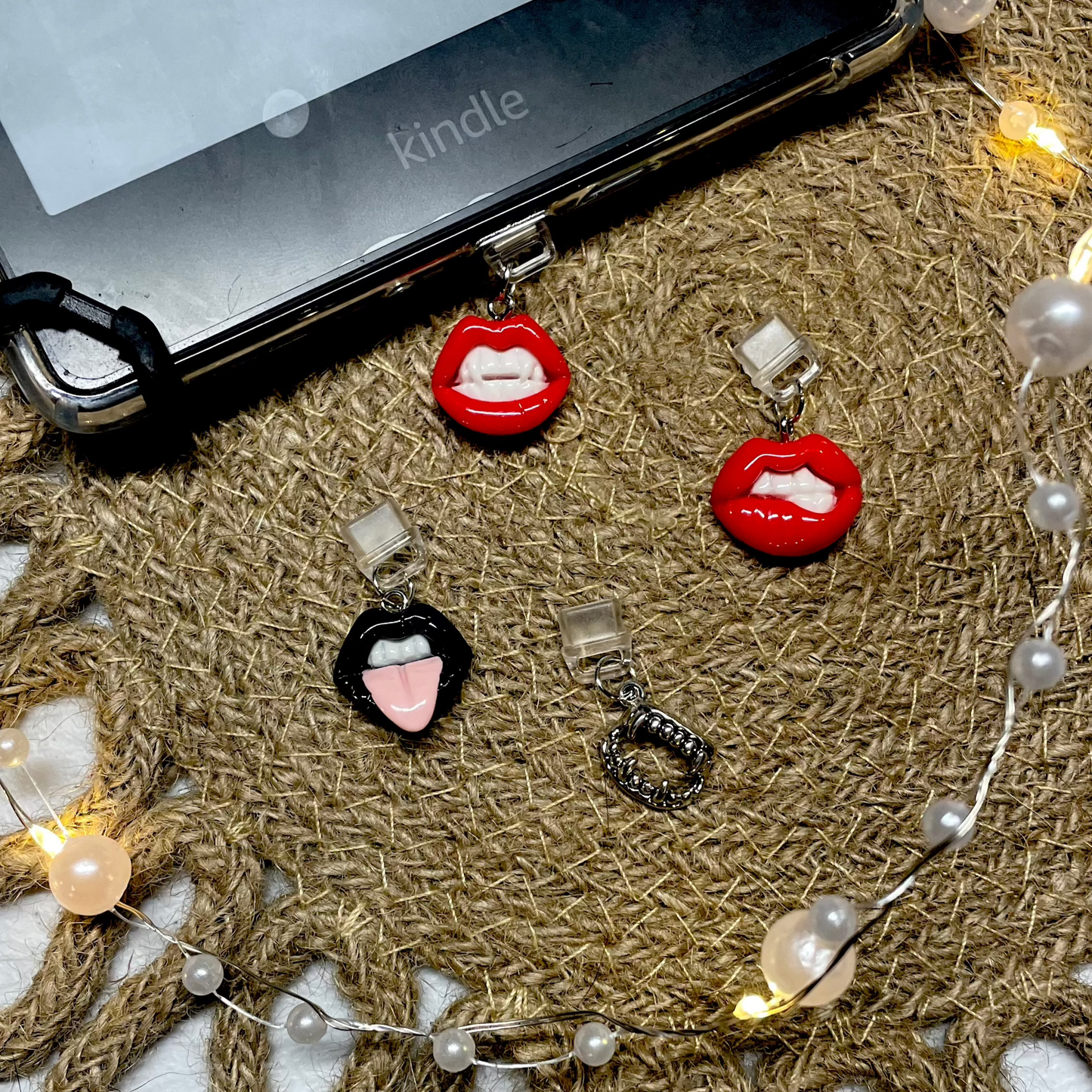 Black & Red Lips and Vampire Fangs Themed Anti-Dust Plug Charms